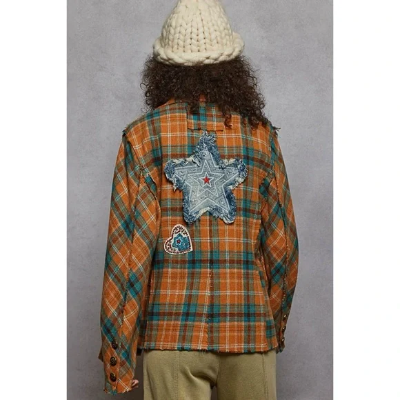 POL Orange Plaid Blazer | Brushed Flannel Patchwork Jacket - Picture 3 of 4